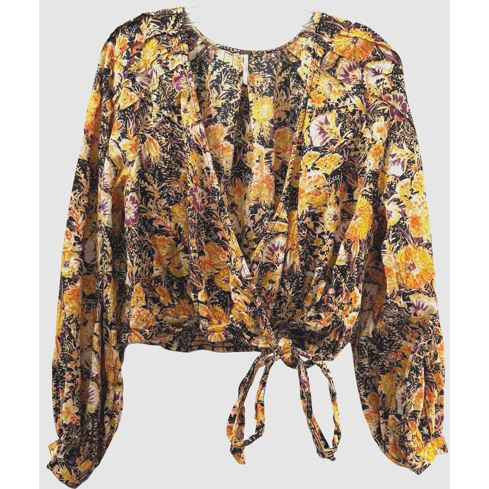 Free People Shirt Womens Large Yellow Party Playlist Top Floral Wrap Cropped